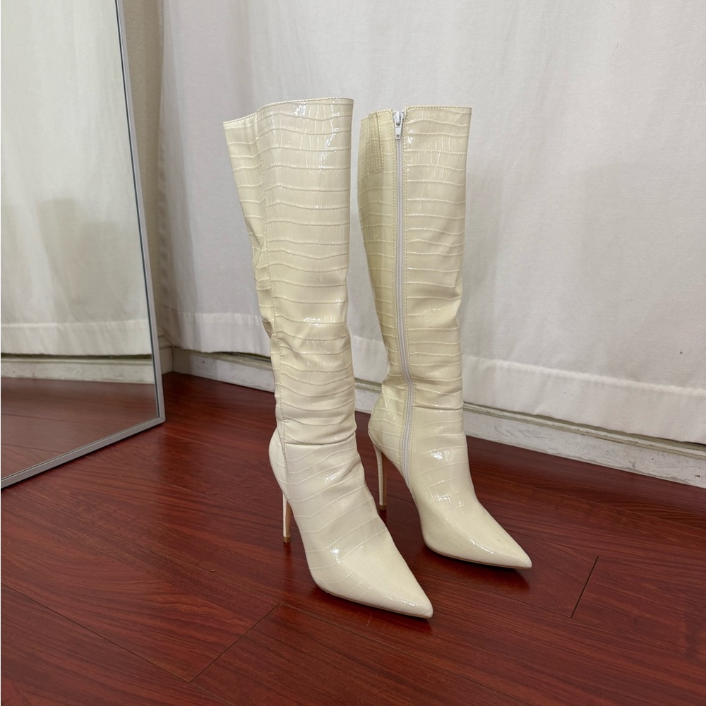 Knee-High Pointed Toe Stiletto Boots in Ivory Croc